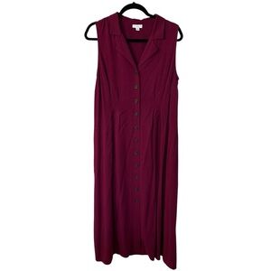 J. Jill Magenta Sleeveless V-Neck Lapel Collar Button Front Midi Dress Sz M GUC